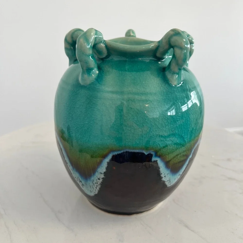 Handcrafted Ceramic Vase‎ Turquoise Glaze Handles Made in Vietnam Home Decore